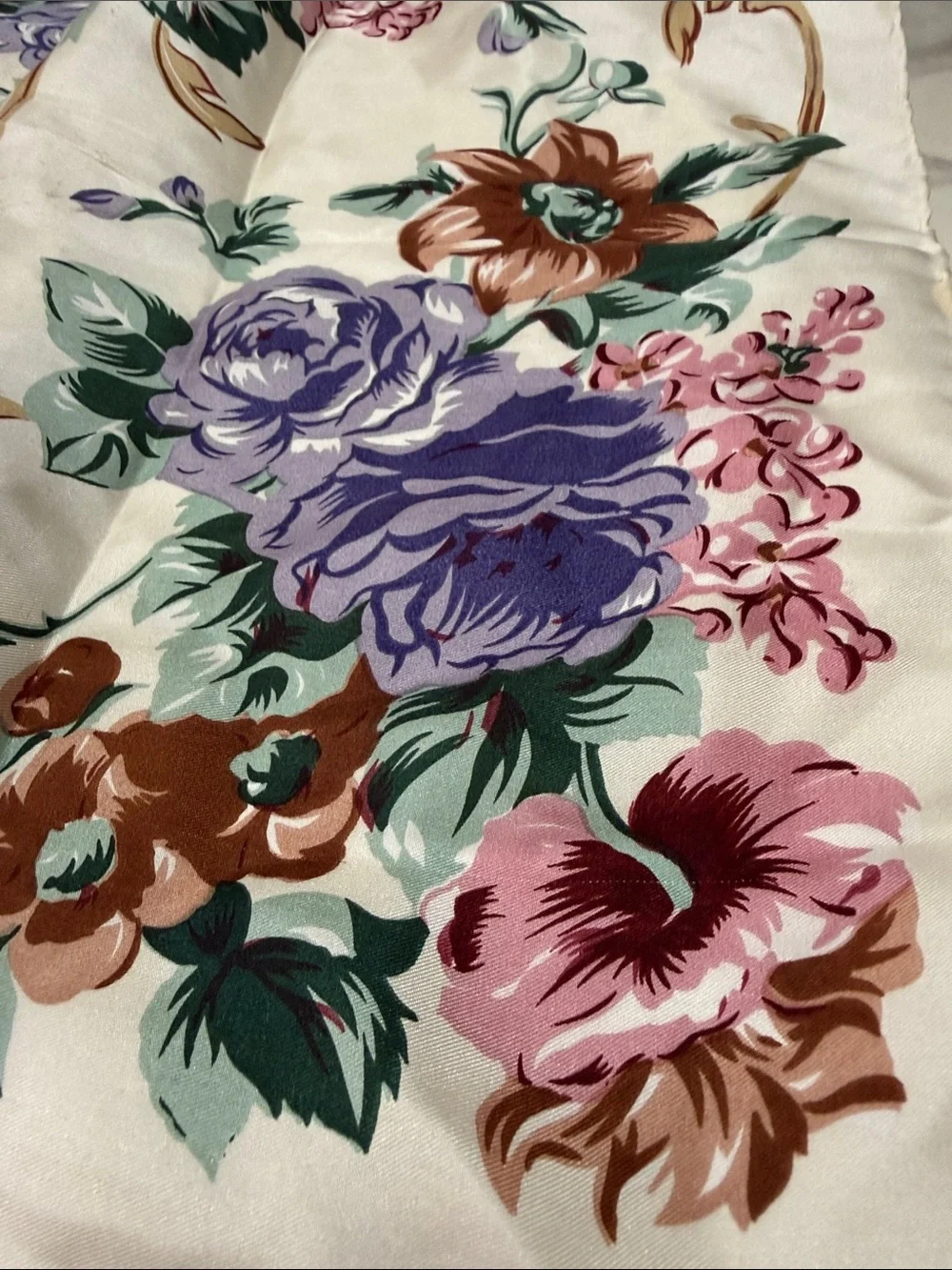 Floral Cream Silk Scarf with Purple & Pink Brown Blooms Roses 🌹vintage